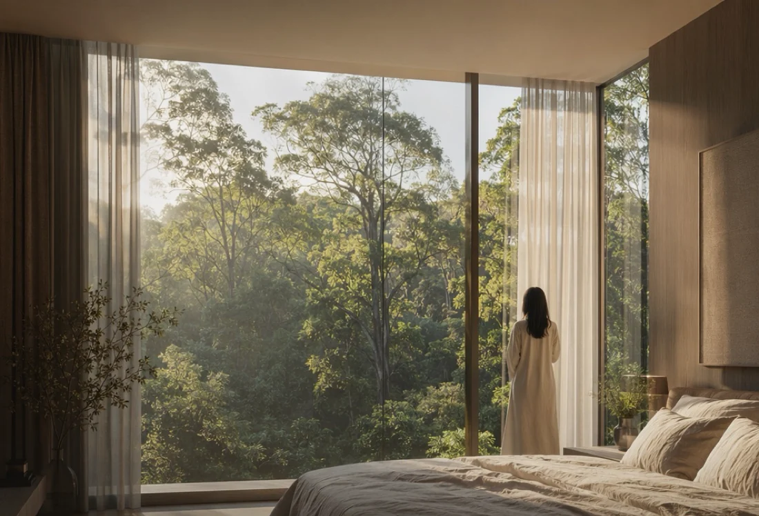 Bedroom with floor-to-ceiling windows over the forest canopy