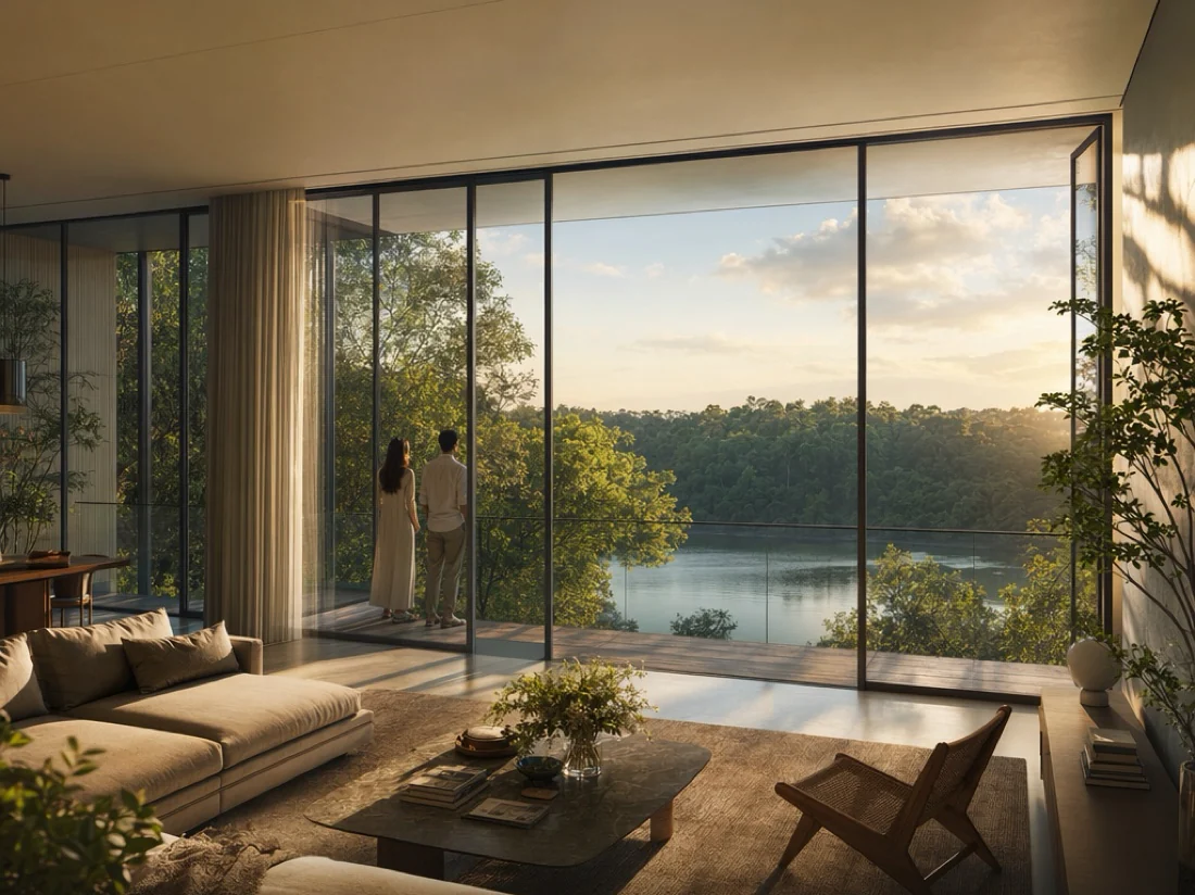 Living room opening to a reservoir view