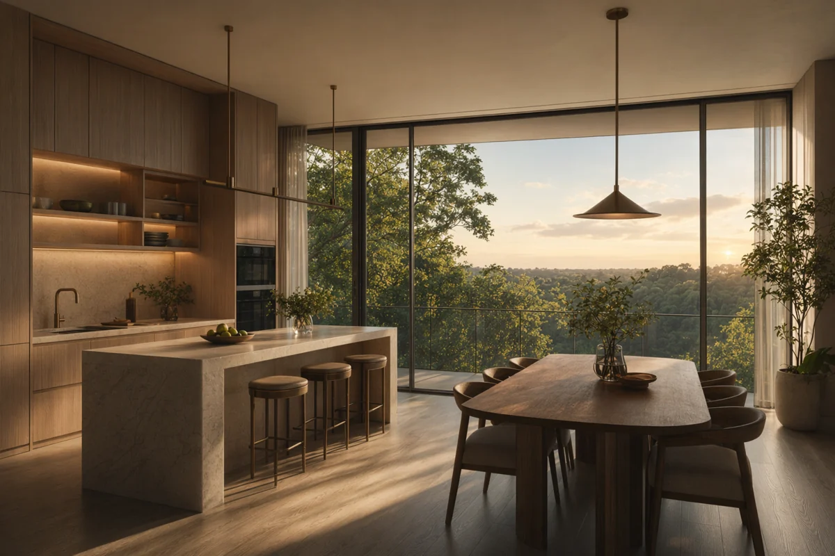 Kitchen and dining area beside floor-to-ceiling glass over the forest
