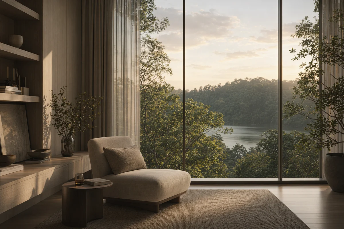 Quiet reading corner framing the reservoir and treeline